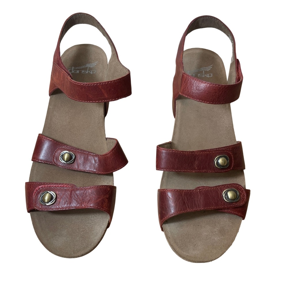 Dansko Red Leather Wedge Sandals Adjustable Straps Brass Hardware Size 41
